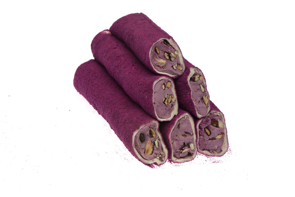 Mor Velvet Kaplı Böğürtlen Kremalı Sarma Lokum